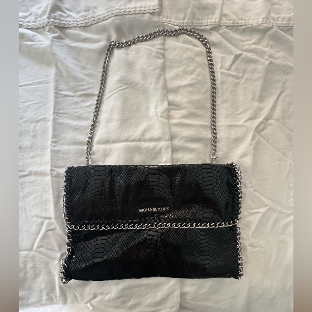Michael Kors Chelsea Black Python Embossed Clutch Shoulder Handbag